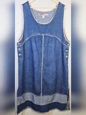 Me & You Denim Tank Dress 2X Raw Hem Lagenlook Boho Sleeveless Blue Jean